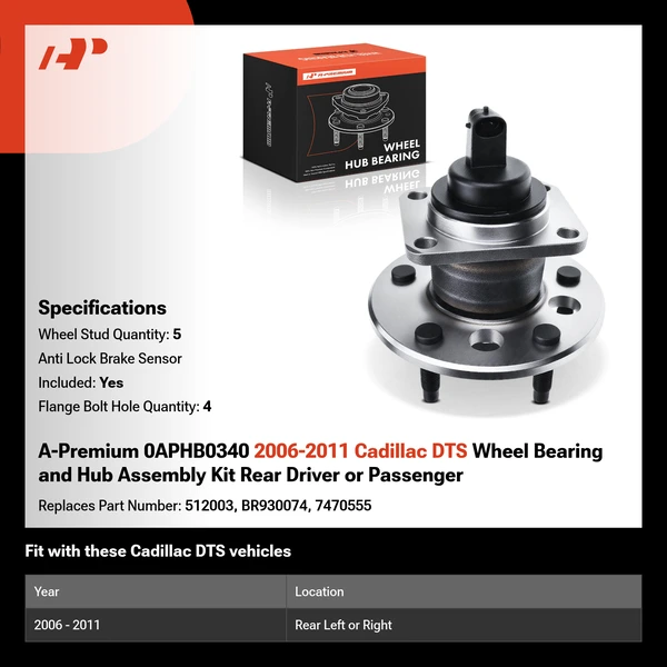 A-Premium 0APHB0340 2006-2011 Cadillac DTS Wheel Bearing and Hub Assembly Kit Rear Driver or Passenger
