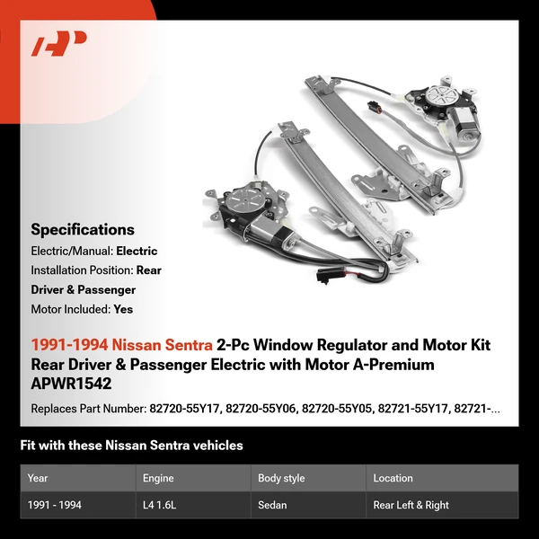 1991-1994 Nissan Sentra 2-Pc Window Regulator and Motor Kit Rear Driver & Passenger Electric with Motor A-Premium APWR1542