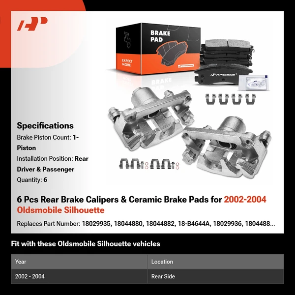 6 Pcs Rear Brake Calipers & Ceramic Brake Pads for 2002-2004 Oldsmobile Silhouette