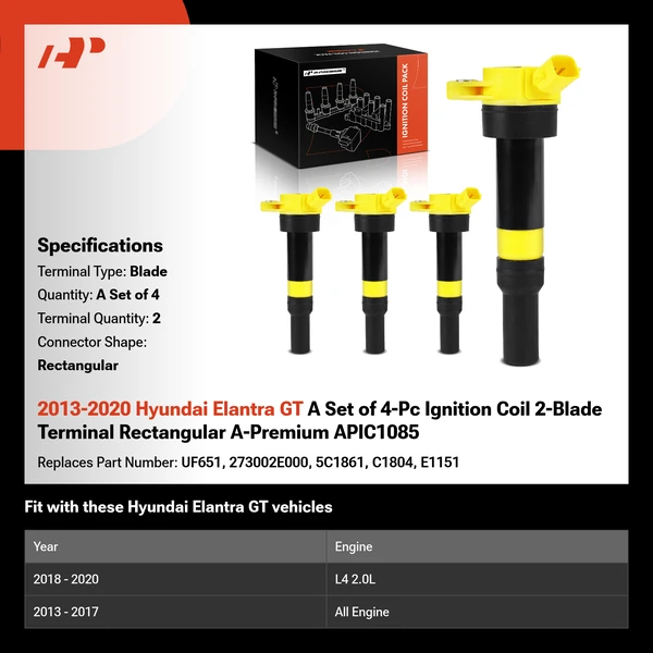 2013-2020 Hyundai Elantra GT A Set of 4-Pc Ignition Coil 2-Blade Terminal Rectangular A-Premium APIC1085