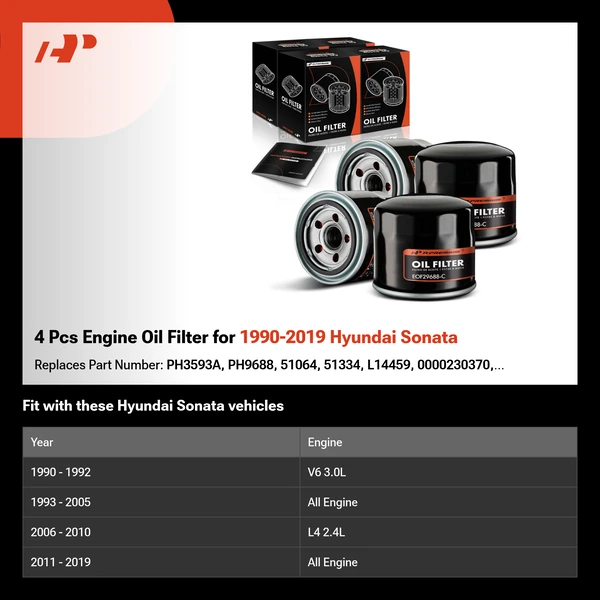 4 Pcs Engine Oil Filter for 1990-2019 Hyundai Sonata