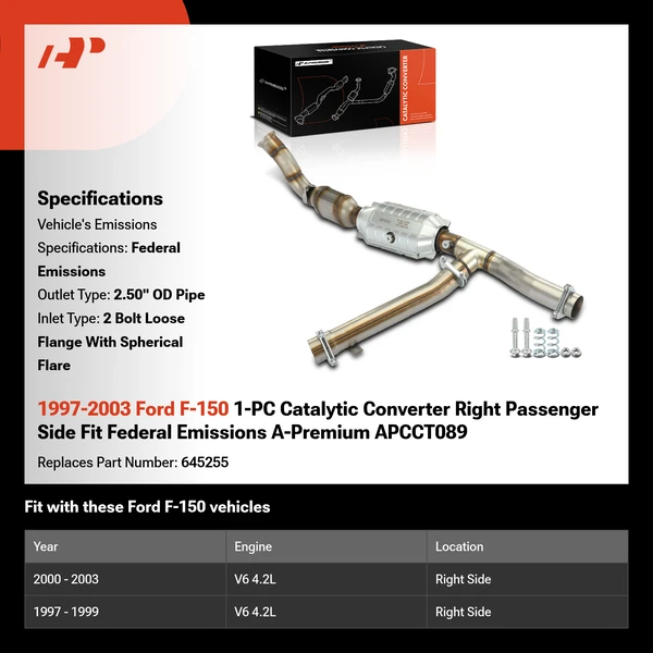 1997-2003 Ford F-150 1-PC Catalytic Converter Right Passenger Side Fit Federal Emissions A-Premium APCCT089