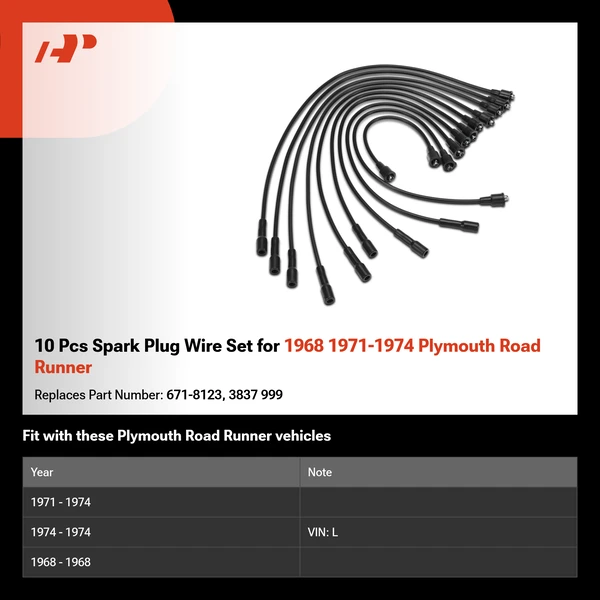 10 Pcs Spark Plug Wire Set for 1968 1971-1974 Plymouth Road Runner