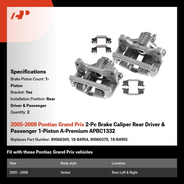 2005-2008 Pontiac Grand Prix 2-Pc Brake Caliper Rear Driver & Passenger 1-Piston A-Premium APBC1332