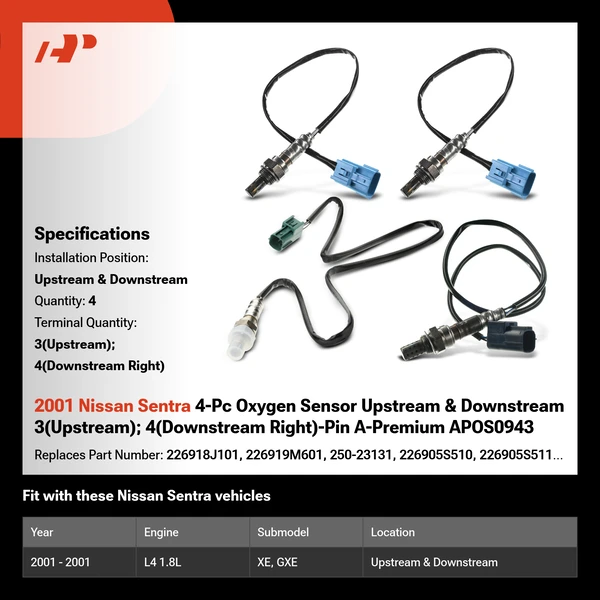 2001 Nissan Sentra 4-Pc Oxygen Sensor Upstream & Downstream 3(Upstream); 4(Downstream Right)-Pin A-Premium APOS0943