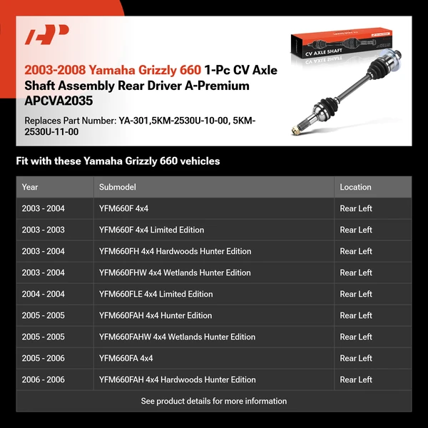 2003-2008 Yamaha Grizzly 660 1-Pc CV Axle Shaft Assembly Rear Driver A-Premium APCVA2035