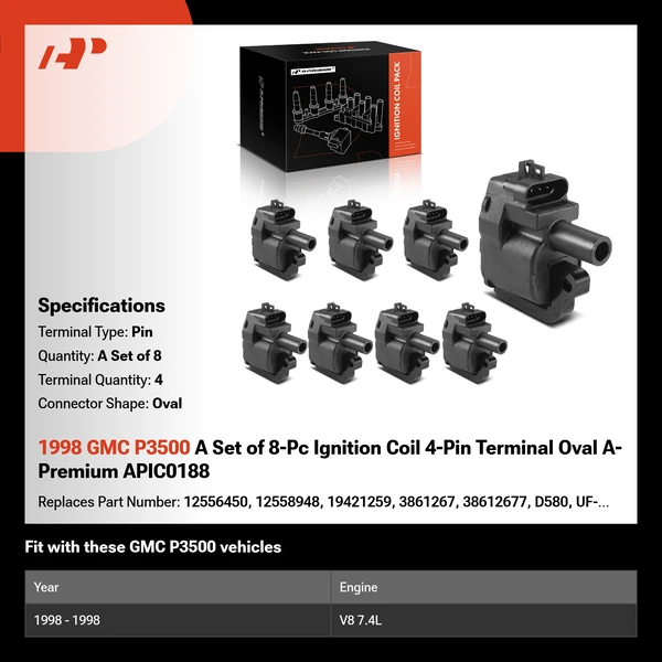1998 GMC P3500 A Set of 8-Pc Ignition Coil 4-Pin Terminal Oval A-Premium APIC0188