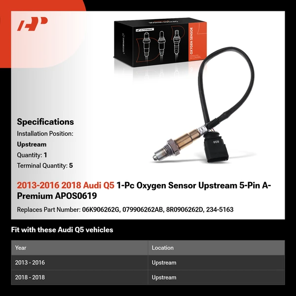2013-2016 2018 Audi Q5 1-Pc Oxygen Sensor Upstream 5-Pin A-Premium APOS0619