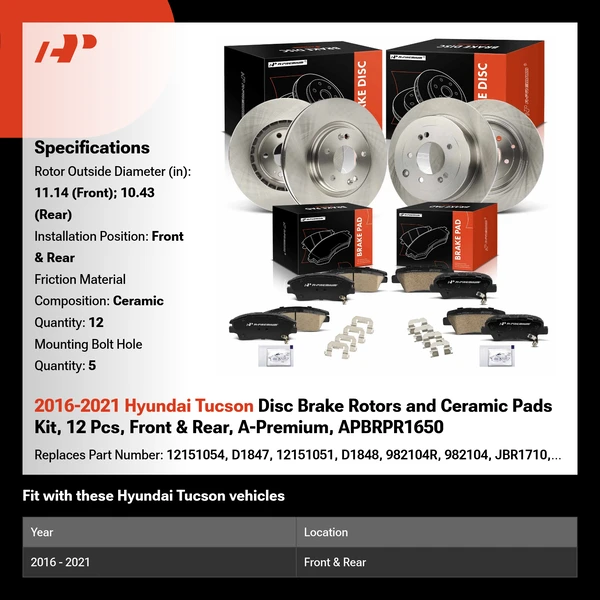 2016-2021 Hyundai Tucson Disc Brake Rotors and Ceramic Pads Kit, 12 Pcs, Front & Rear, A-Premium, APBRPR1650