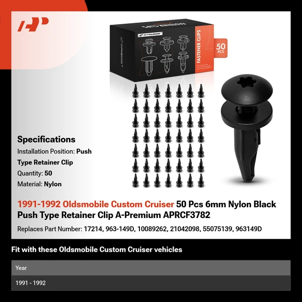 1991-1992 Oldsmobile Custom Cruiser 50 Pcs 6mm Nylon Black Push Type Retainer Clip A-Premium APRCF3782