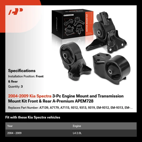 2004-2009 Kia Spectra 3-Pc Engine Mount and Transmission Mount Kit Front & Rear A-Premium APEM728