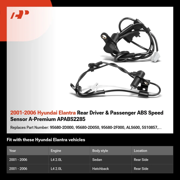 2001-2006 Hyundai Elantra Rear Driver & Passenger ABS Speed Sensor A-Premium APABS2285