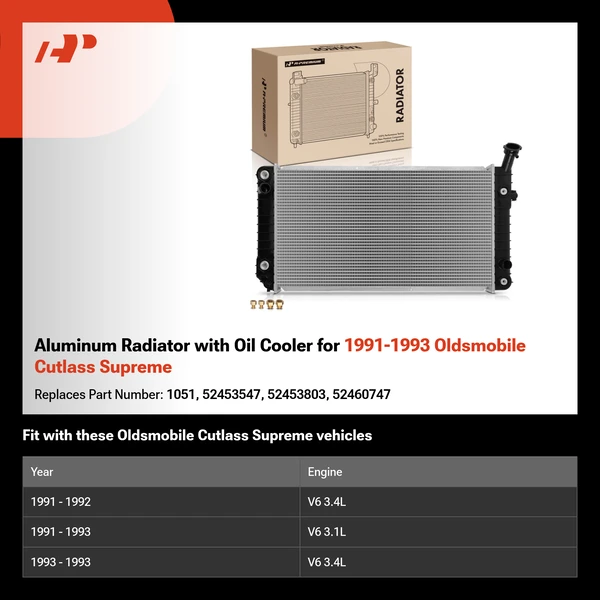 Aluminum Radiator with Oil Cooler for 1991-1993 Oldsmobile Cutlass Supreme