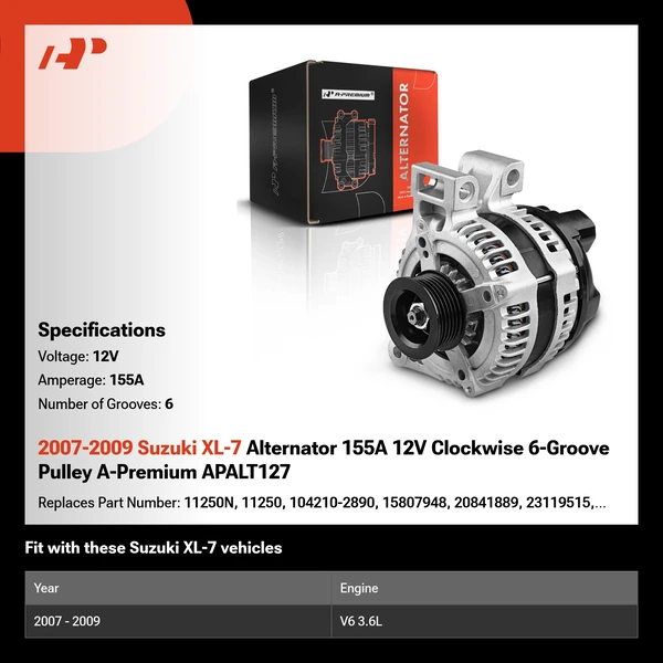 2007-2009 Suzuki XL-7 Alternator 155A 12V Clockwise 6-Groove Pulley A-Premium APALT127