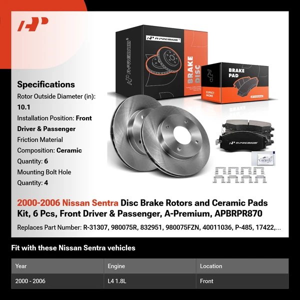 2000-2006 Nissan Sentra Disc Brake Rotors and Ceramic Pads Kit, 6 Pcs, Front Driver & Passenger, A-Premium, APBRPR870
