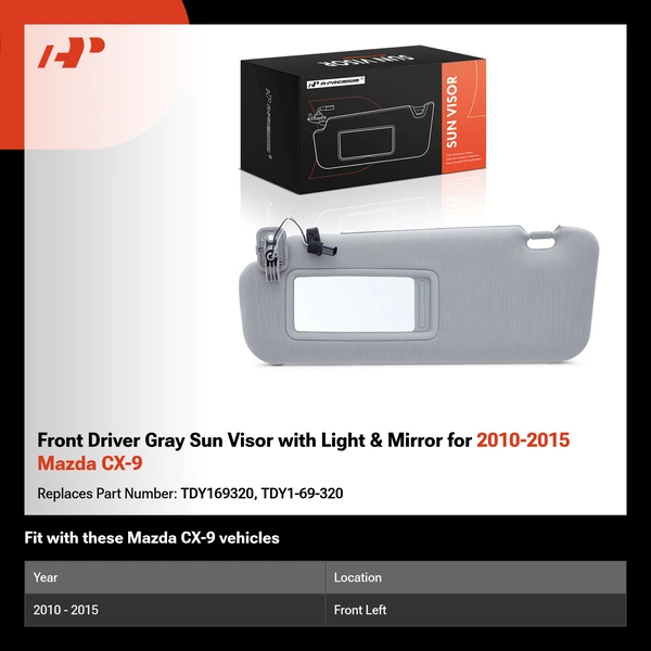 Front Driver Gray Sun Visor with Light & Mirror for 2010-2015 Mazda CX-9
