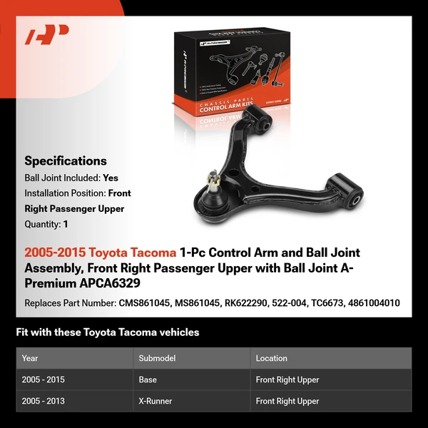 2005-2015 Toyota Tacoma 1-Pc Control Arm and Ball Joint Assembly, Front Right Passenger Upper with Ball Joint A-Premium APCA6329