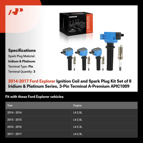 2014-2017 Ford Explorer Ignition Coil and Spark Plug Kit Set of 8 Iridium & Platinum Series, 3-Pin Terminal A-Premium APIC1009