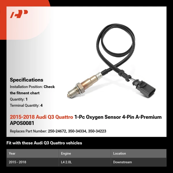 2015-2018 Audi Q3 Quattro 1-Pc Oxygen Sensor 4-Pin A-Premium APOS0081
