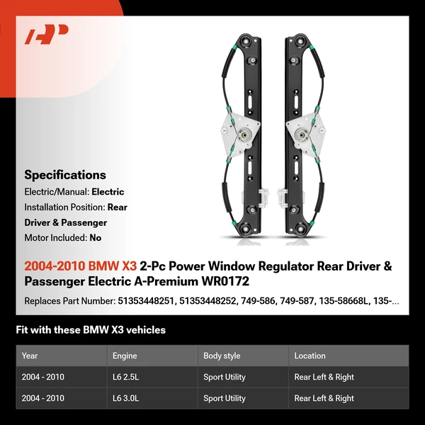 2004-2010 BMW X3 2-Pc Power Window Regulator Rear Driver & Passenger Electric A-Premium WR0172