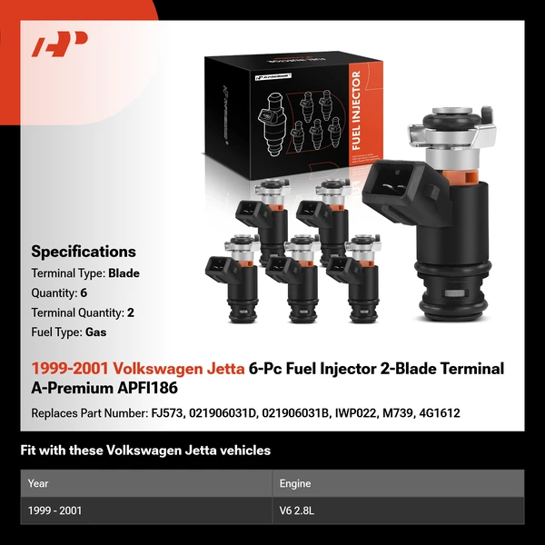 1999-2001 Volkswagen Jetta 6-Pc Fuel Injector 2-Blade Terminal A-Premium APFI186