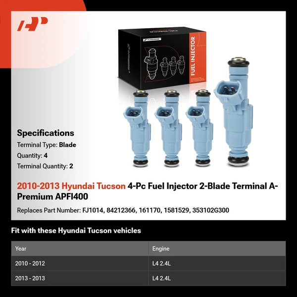 2010-2013 Hyundai Tucson 4-Pc Fuel Injector 2-Blade Terminal A-Premium APFI400