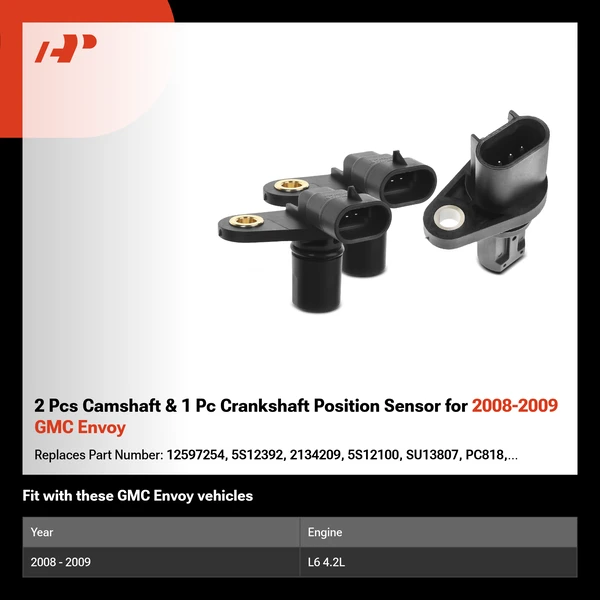 2 Pcs Camshaft & 1 Pc Crankshaft Position Sensor for 2008-2009 GMC Envoy