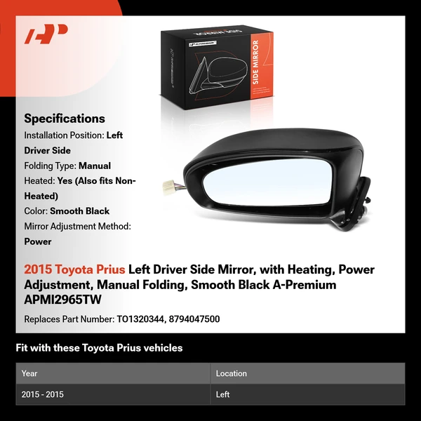 2015 Toyota Prius Left Driver Side Mirror, with Heating, Power Adjustment, Manual Folding, Smooth Black A-Premium APMI2965TW