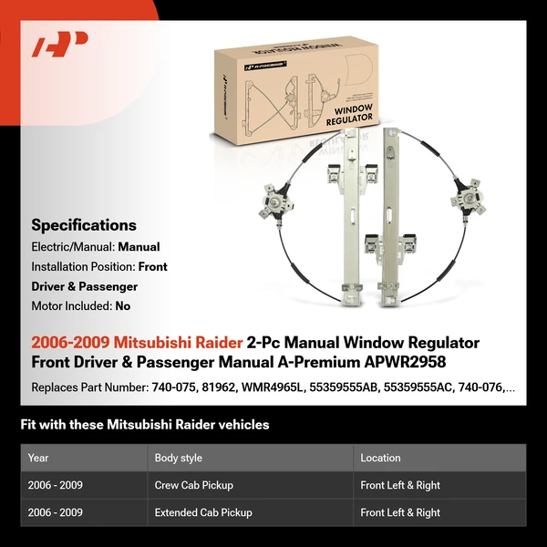 2006-2009 Mitsubishi Raider 2-Pc Manual Window Regulator Front Driver & Passenger Manual A-Premium APWR2958