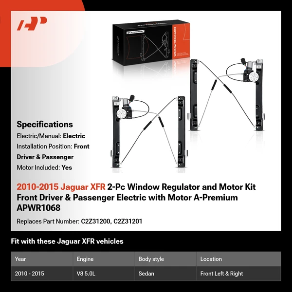 2010-2015 Jaguar XFR 2-Pc Window Regulator and Motor Kit Front Driver & Passenger Electric with Motor A-Premium APWR1068