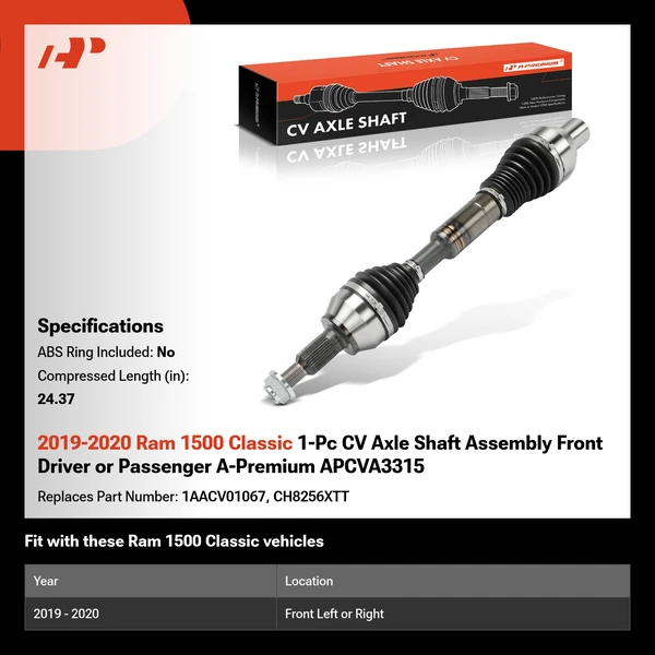 2019-2020 Ram 1500 Classic 1-Pc CV Axle Shaft Assembly Front Driver or Passenger A-Premium APCVA3315