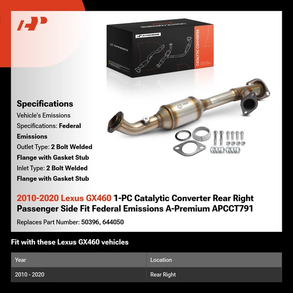 2010-2020 Lexus GX460 1-PC Catalytic Converter Rear Right Passenger Side Fit Federal Emissions A-Premium APCCT791