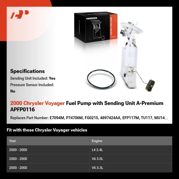 2000 Chrysler Voyager Fuel Pump with Sending Unit A-Premium APFP0116