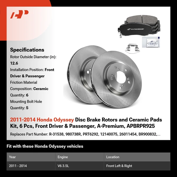 2011-2014 Honda Odyssey Disc Brake Rotors and Ceramic Pads Kit, 6 Pcs, Front Driver & Passenger, A-Premium, APBRPR925