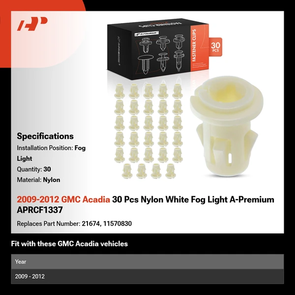 2009-2012 GMC Acadia 30 Pcs Nylon White Fog Light A-Premium APRCF1337