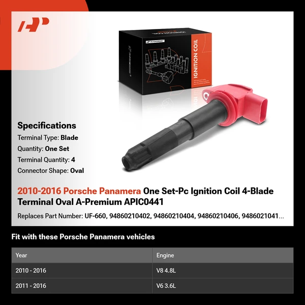 2010-2016 Porsche Panamera One Set-Pc Ignition Coil 4-Blade Terminal Oval A-Premium APIC0441