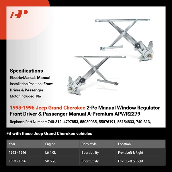 1993-1996 Jeep Grand Cherokee 2-Pc Manual Window Regulator Front Driver & Passenger Manual A-Premium APWR2279