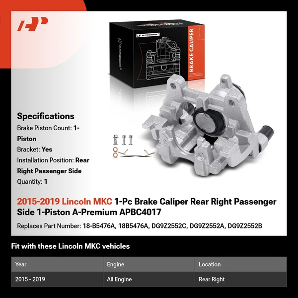 2015-2019 Lincoln MKC 1-Pc Brake Caliper Rear Right Passenger Side 1-Piston A-Premium APBC4017