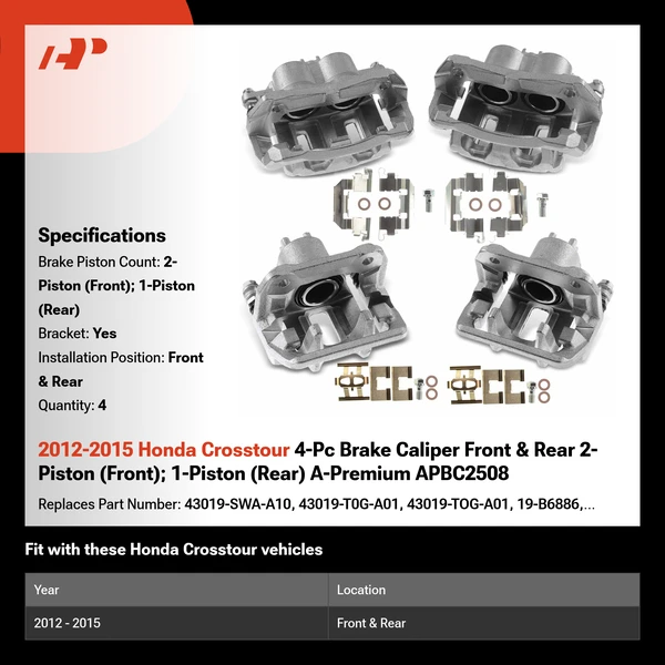 2012-2015 Honda Crosstour 4-Pc Brake Caliper Front & Rear 2-Piston (Front); 1-Piston (Rear) A-Premium APBC2508