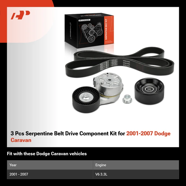 3 Pcs Serpentine Belt Drive Component Kit for 2001-2007 Dodge Caravan