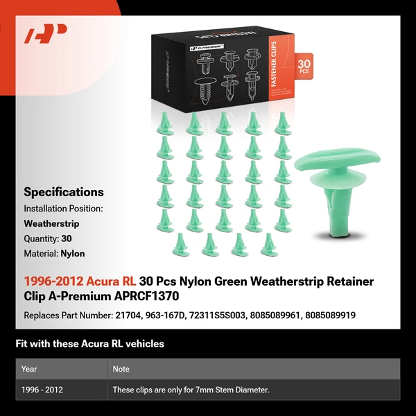 1996-2012 Acura RL 30 Pcs Nylon Green Weatherstrip Retainer Clip A-Premium APRCF1370