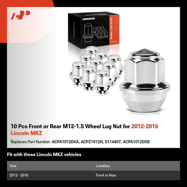 10 Pcs Front or Rear M12-1.5 Wheel Lug Nut for 2012-2016 Lincoln MKZ