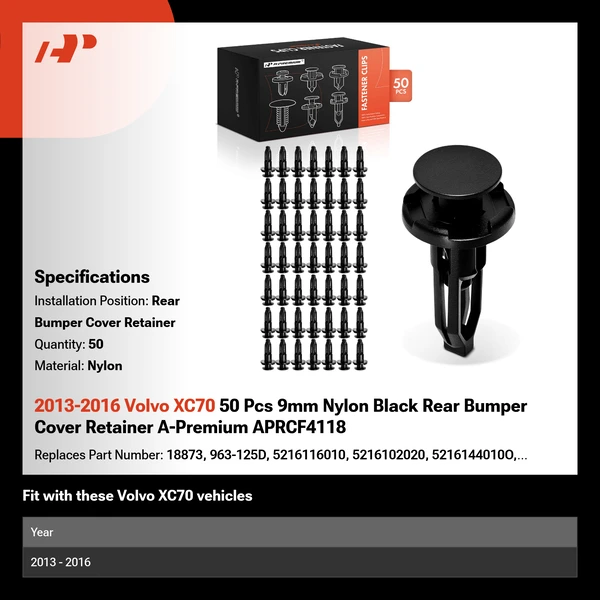 2013-2016 Volvo XC70 50 Pcs 9mm Nylon Black Rear Bumper Cover Retainer A-Premium APRCF4118