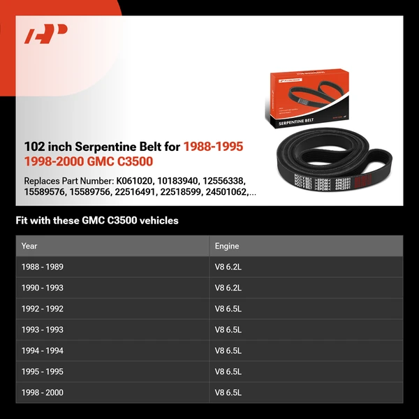 102 inch Serpentine Belt for 1988-1995 1998-2000 GMC C3500