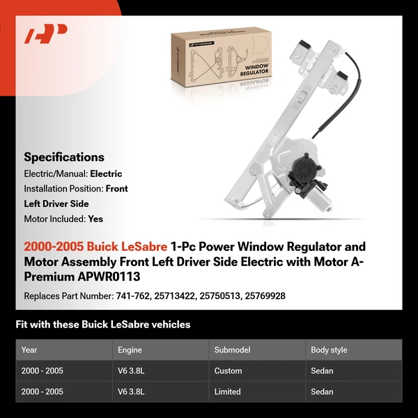 2000-2005 Buick LeSabre 1-Pc Power Window Regulator and Motor Assembly Front Left Driver Side Electric with Motor A-Premium APWR0113