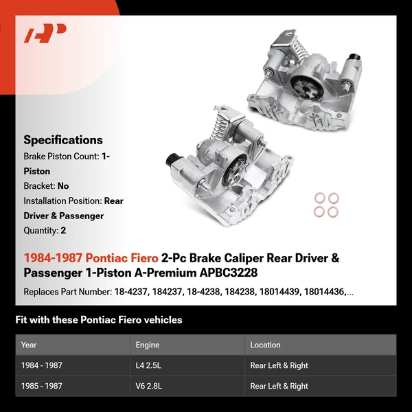 1984-1987 Pontiac Fiero 2-Pc Brake Caliper Rear Driver & Passenger 1-Piston A-Premium APBC3228