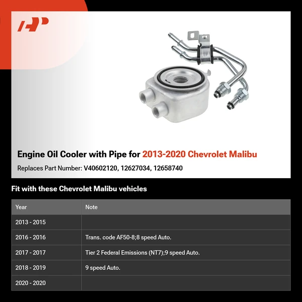 Engine Oil Cooler with Pipe for 2013-2020 Chevrolet Malibu