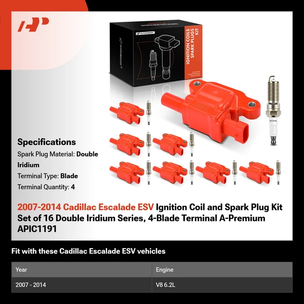 2007-2014 Cadillac Escalade ESV Ignition Coil and Spark Plug Kit Set of 16 Double Iridium Series, 4-Blade Terminal A-Premium APIC1191