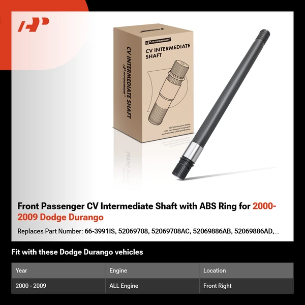 Front Passenger CV Intermediate Shaft with ABS Ring for 2000-2009 Dodge Durango