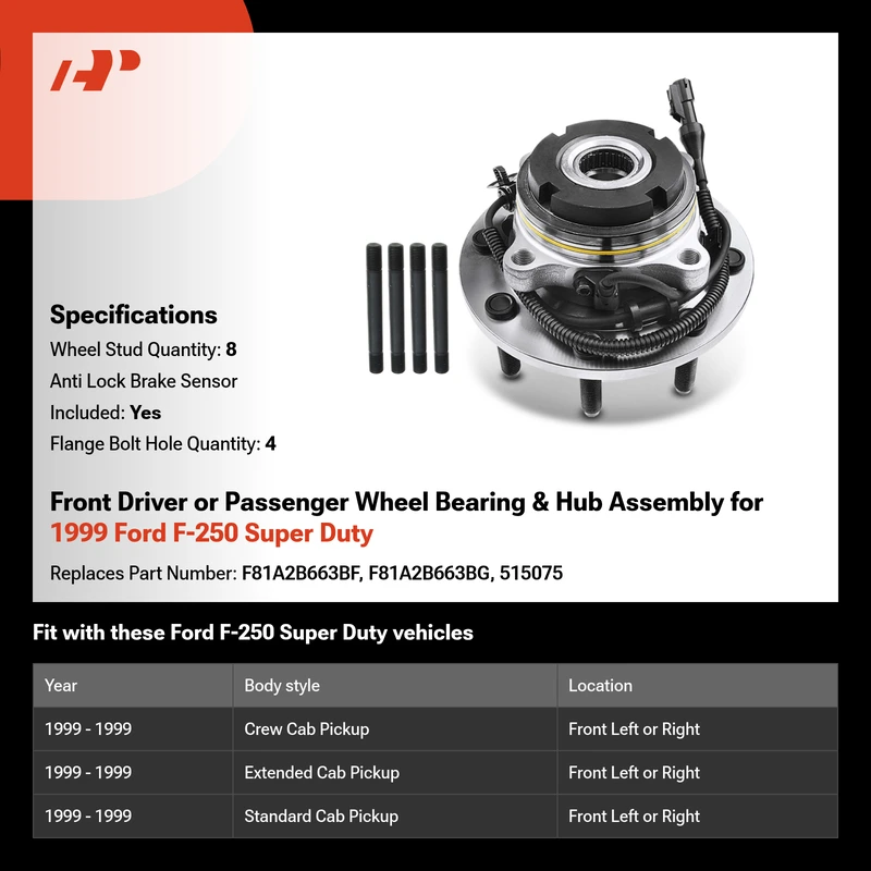 Front Driver or Passenger Wheel Bearing & Hub Assembly for 1999 Ford F-250 Super Duty